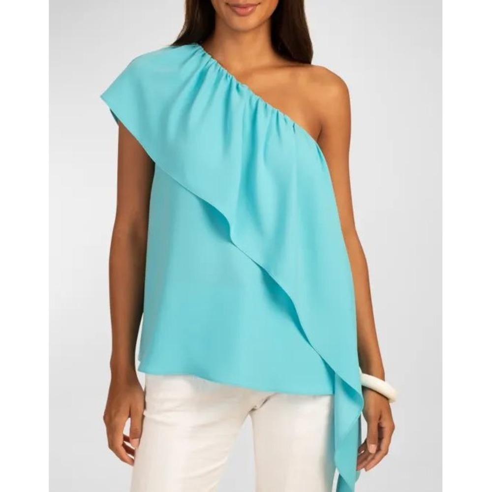 Trina Turk‎ Satisfied Top Turquoise Blue One Shoulder Ruffle Blouse Size M